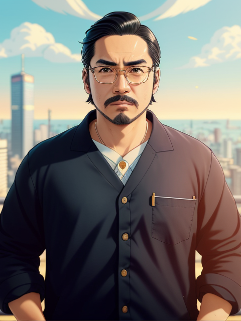 Dr. Satoshi. Intense Japanese man, glasses, long dark hair swept to side, sleeves rolled, blue collar shirt with pen in pocket. Gold chain.