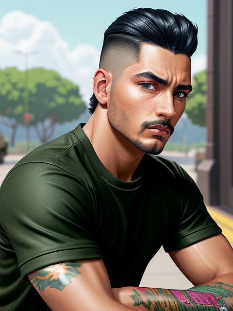 Chavez's Picture. Latino/Native American,green eyes, long dark hair smoothed back, both sides of head shaved shorter, muscular, stud, tattos 