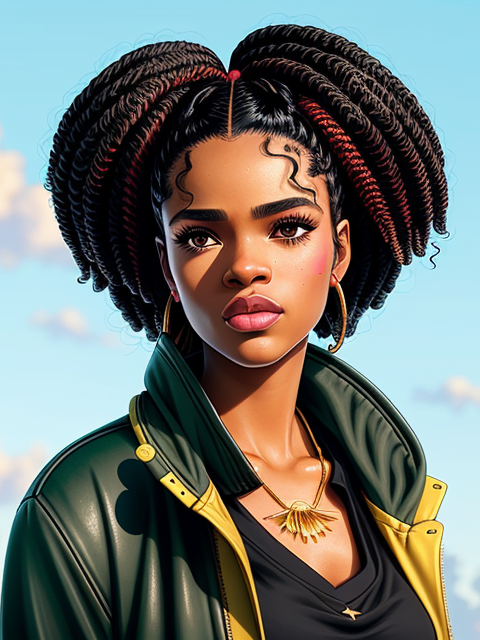 Layla's Picture - Beautiful Black Woman, Thick braided hair, red highlights, large half-hoop earrings, amber eyes, green jacket, black tee,