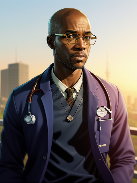 Cecil. Intelligent doctor, purple labcoat, goatee, black man, glasses, bald, tie, looks sophisticated and interesting. Stethoscope hanging.