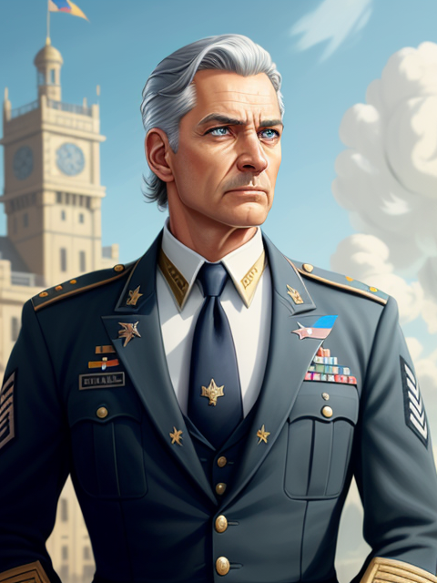 Hannibal's Picture, Handsome older man, gray hair, highly decorated military suit, tie,ice blue eyes,wavy hair brushed back, stoic, intense