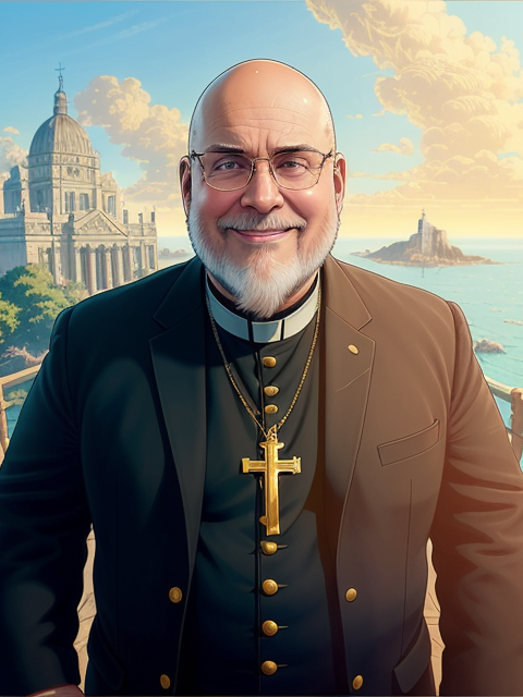 Father Carmine. Priest black suit, gold buttons, whitecollar, bald, glasses, grey beard, warm smile, wears a large crucifix around neck.