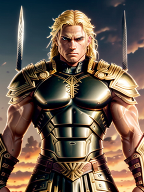 Loyalist General. Fantasy warrior, muscular, intense, long flowing blonde hair parted down middle hangs over his shoulders,armor 